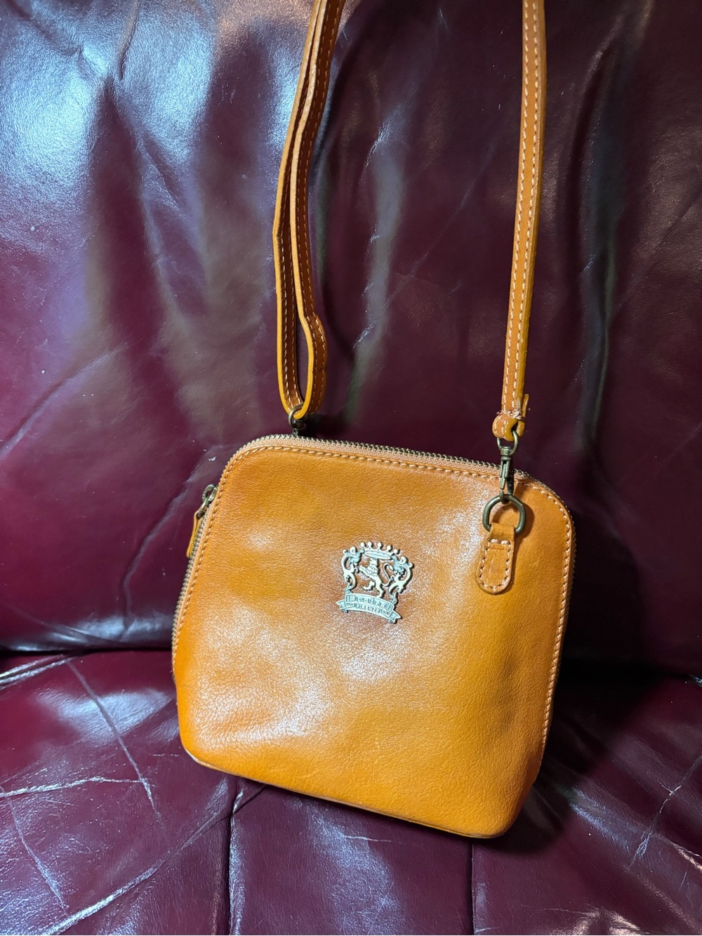 Pratesi Firenze Cognac Leather Volterra Bruce Crossbody Bag Made in Italy Small
